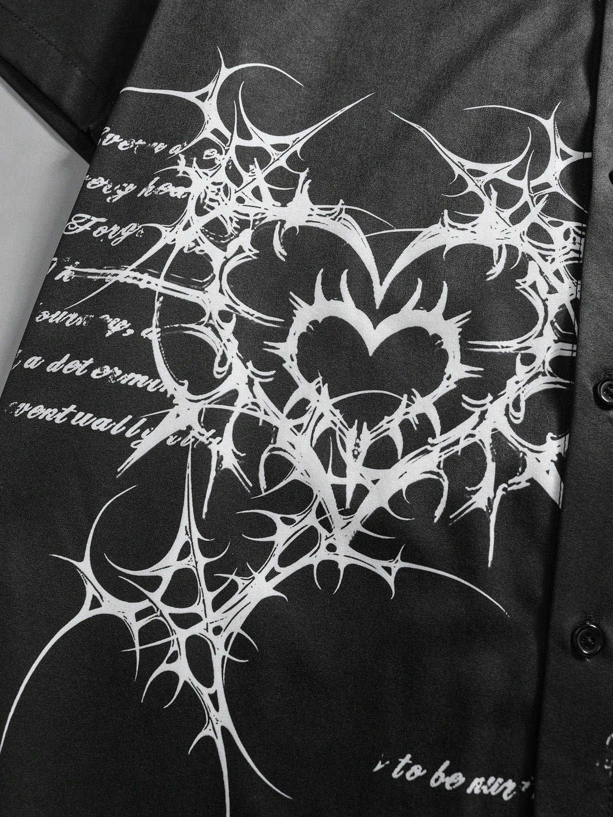 men tribal heart and slogan graphic black button up shirt
