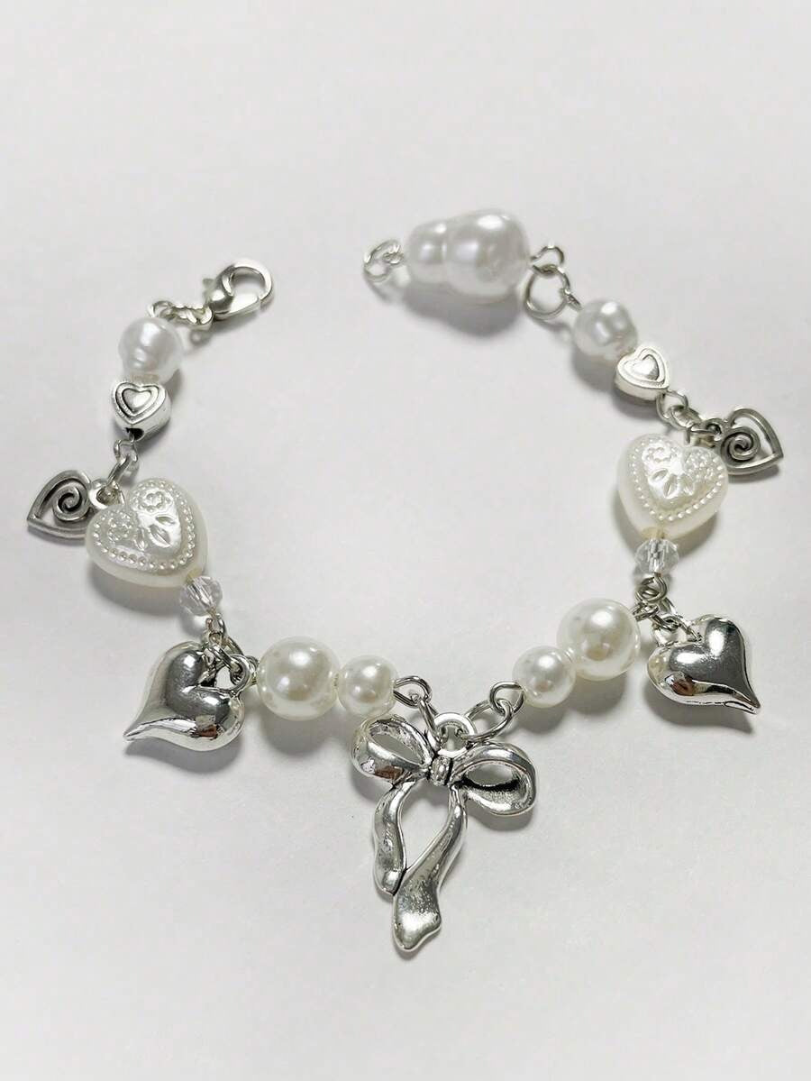 pearl heart bow charm bracelet