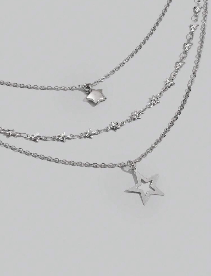 three layered silver star necklace