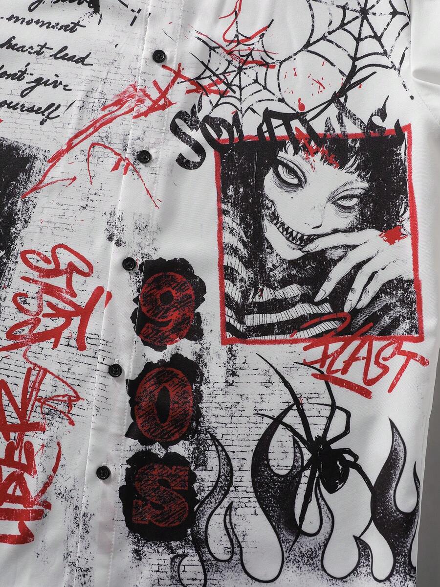 men spider web & figure graphic button up shirt