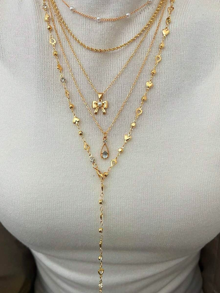 coquette heart layered necklaces set (5pcs)