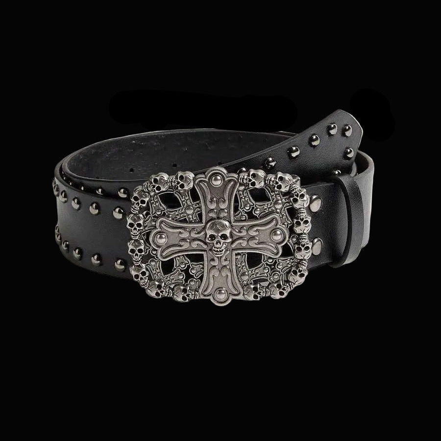 gothic cross and skull riveted leather belt