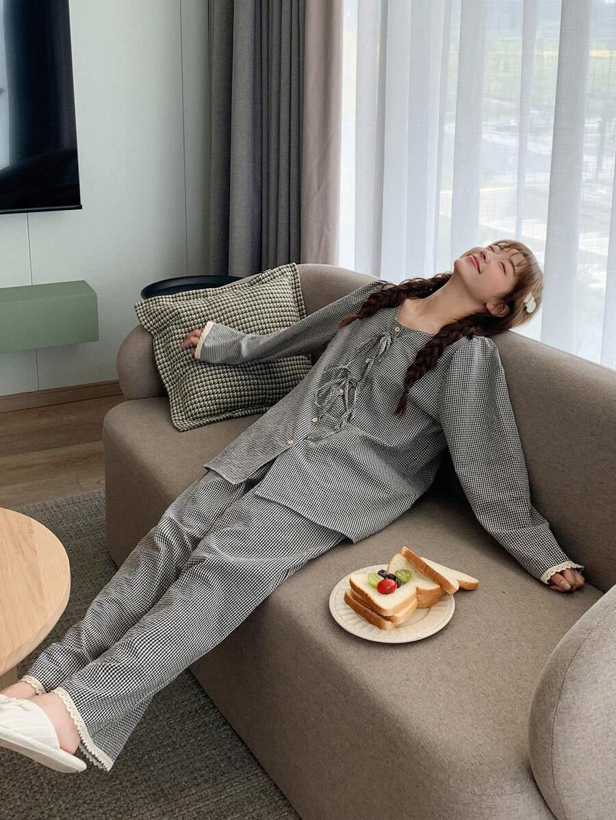 grey plaid pj set