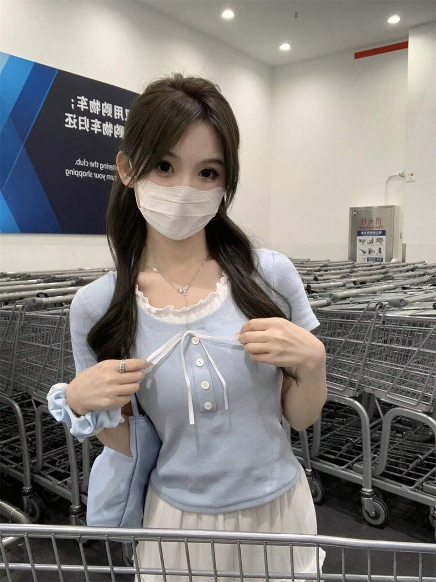 baby blue bowknot henley top