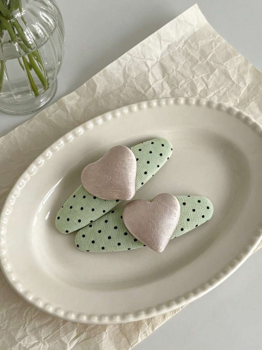 green polka dot heart hair pin set