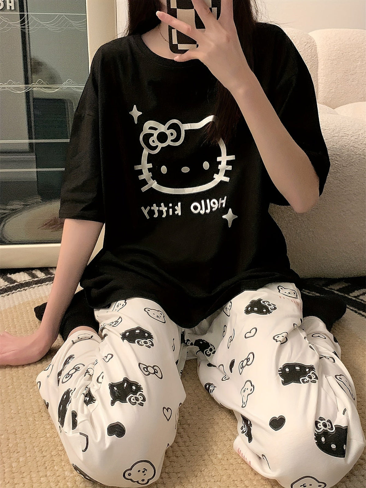 hello kitty black pj set