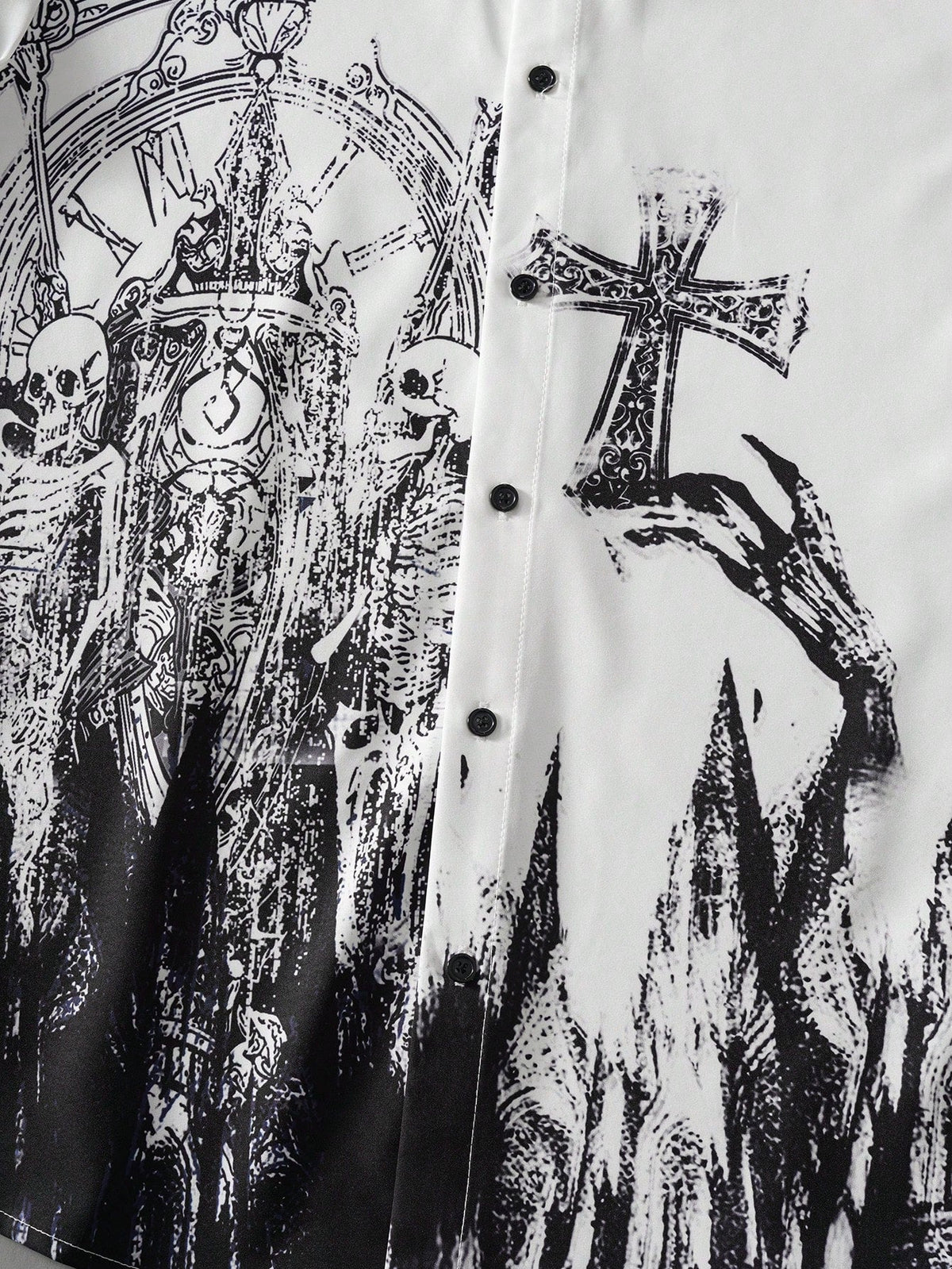 men gothic skeleton and clock print collared shirt