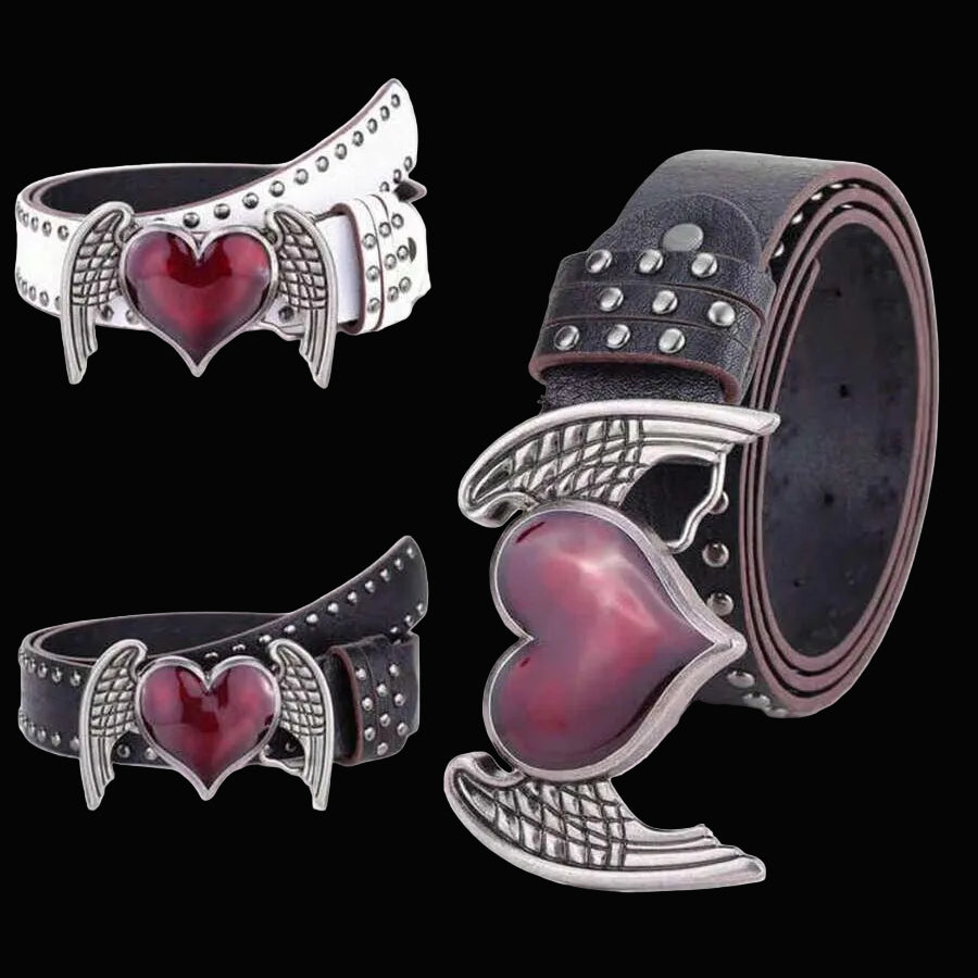gothic winged red enamel heart studded belt