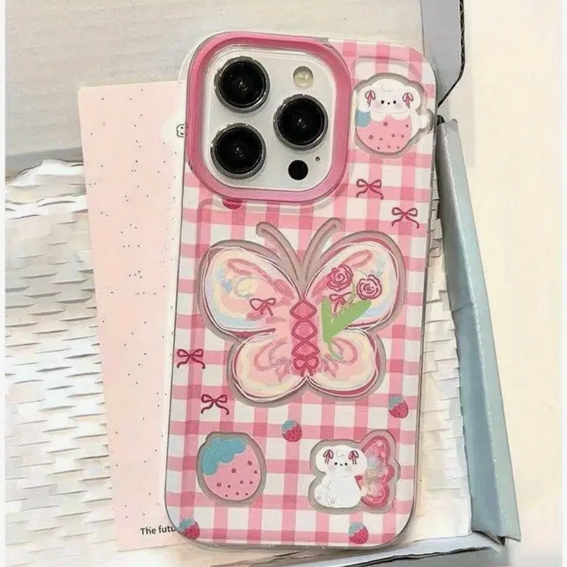 pink plaid butterfly phone case