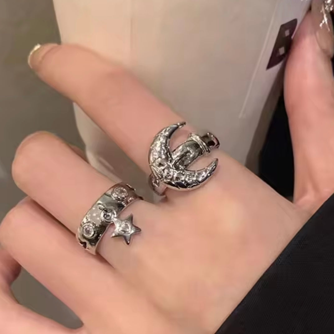 moon star silver rings set