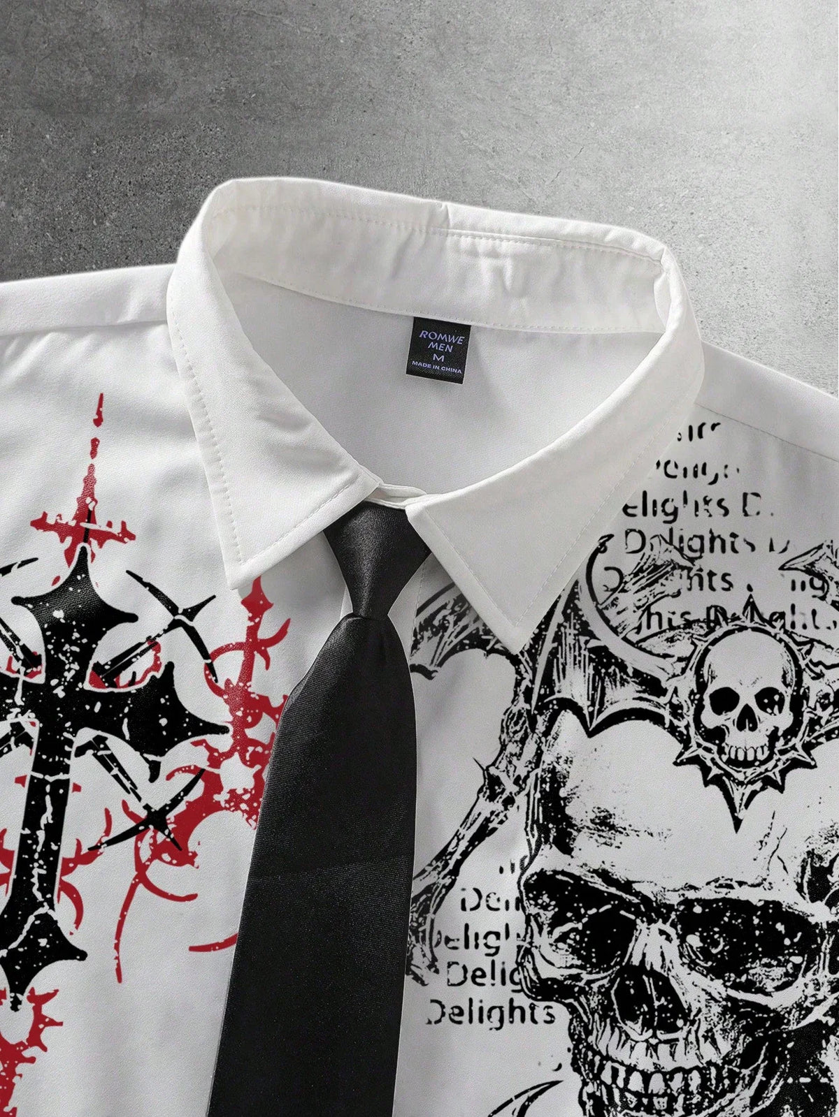men goth skull print short sleeve collared shirt