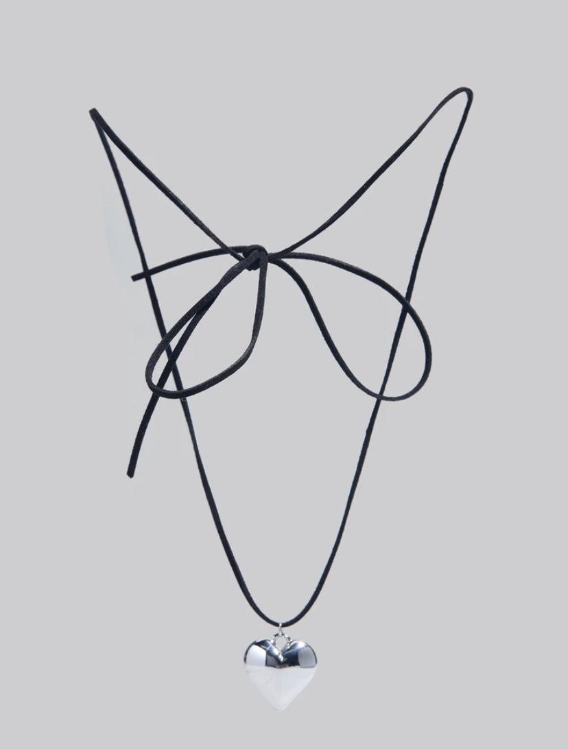 silver heart black cord choker