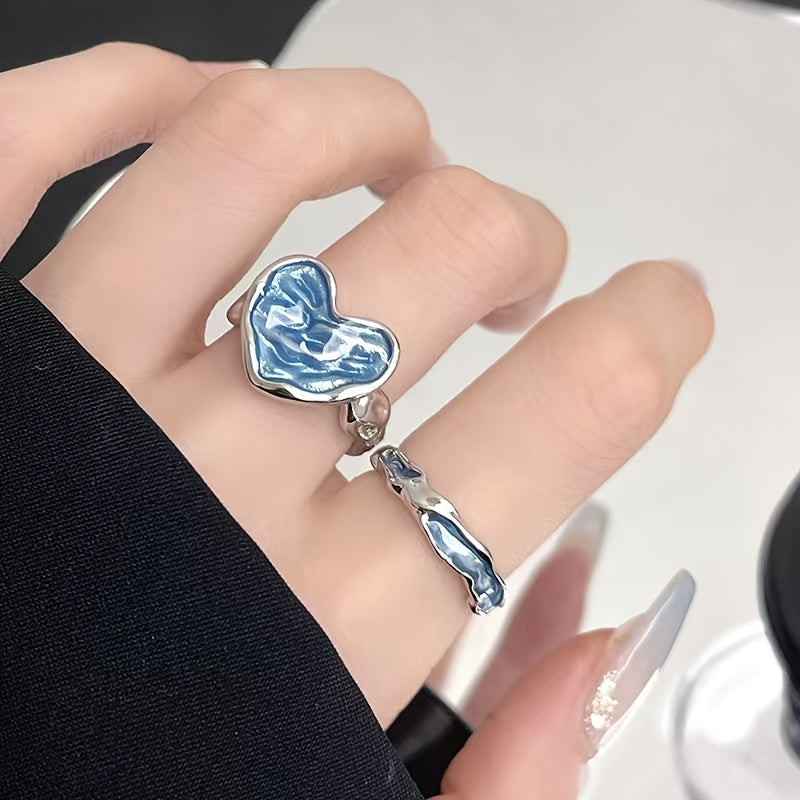 blue enamel heart ring set