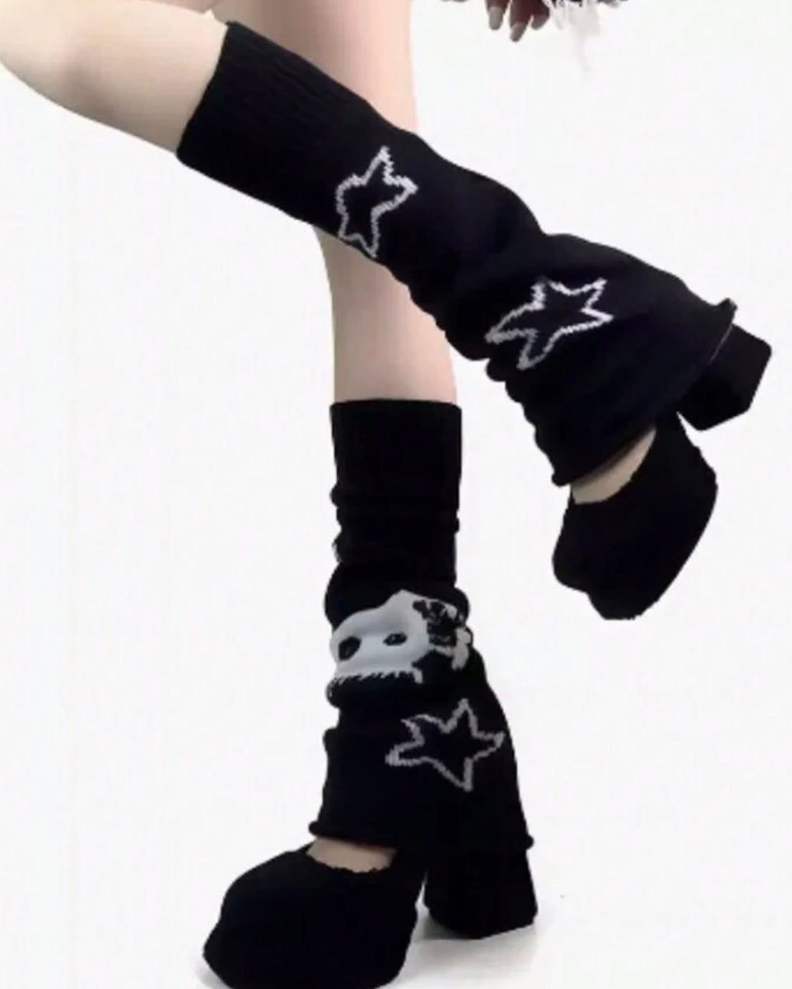 black and white flared leg warmers