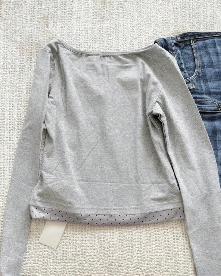 grey long sleeve polka dot patcwork top