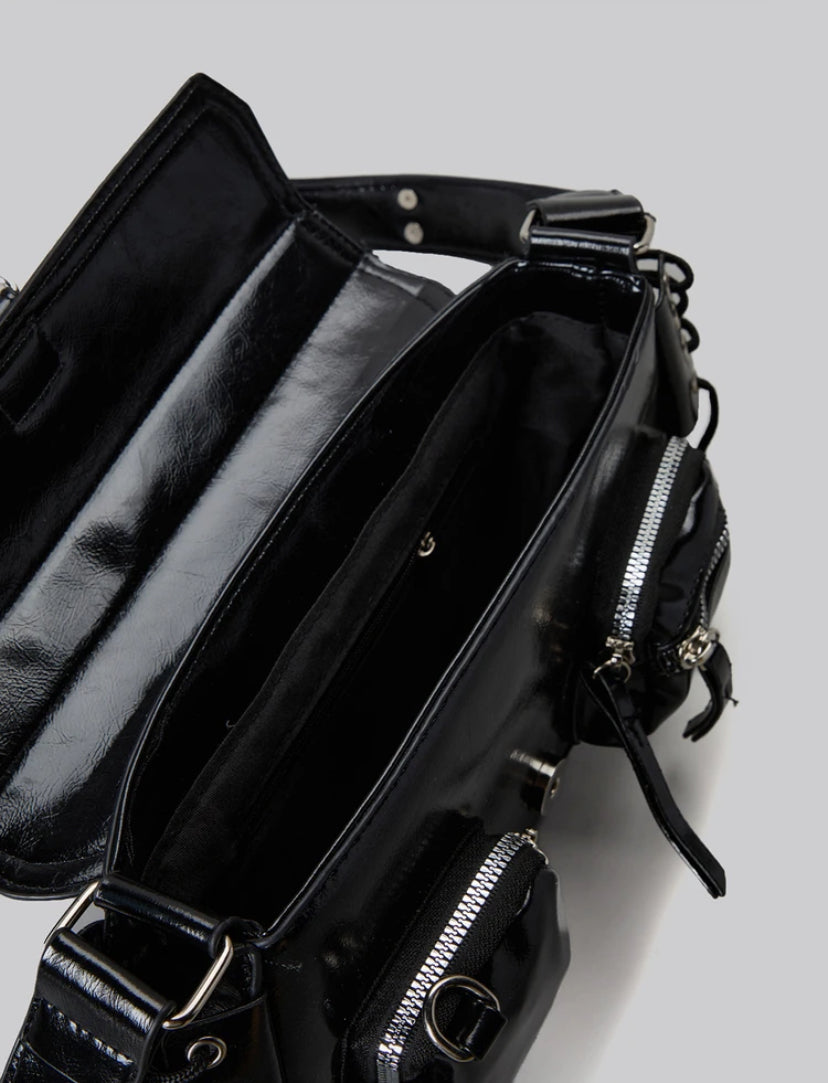 glossy black multi-pocket bag