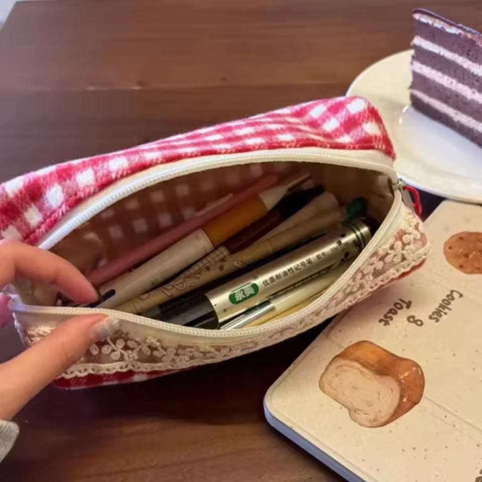 red plaid hello kitty pencil case