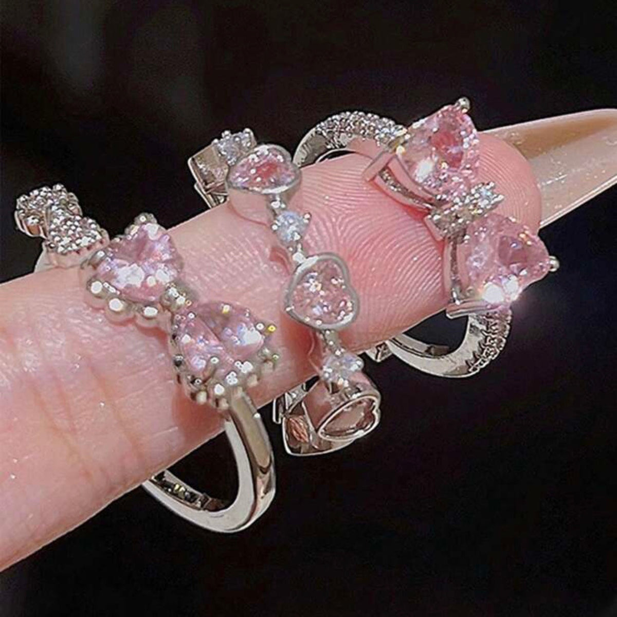 pink bow heart ring set