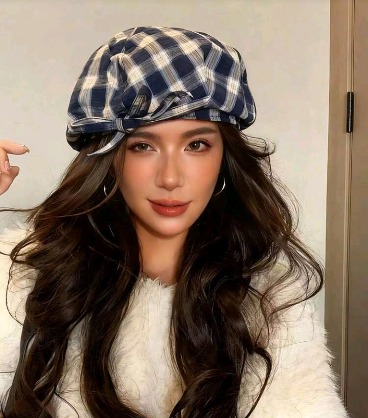 blue plaid ribbon hat