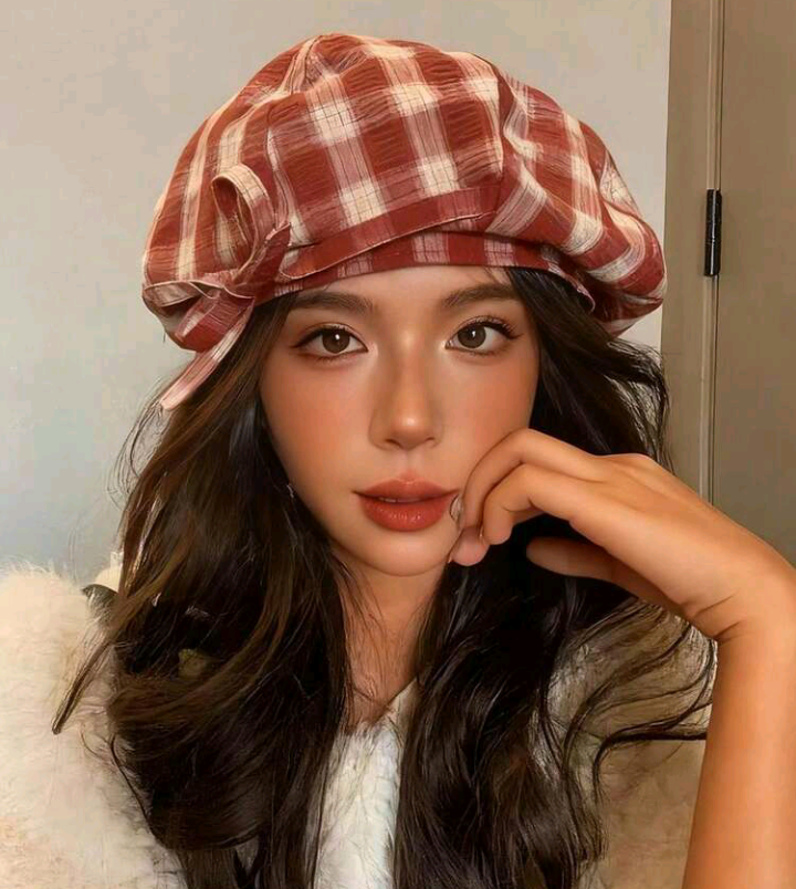 red plaid ribbon hat