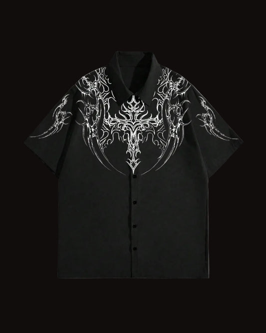men goth metal graphic short sleeve collar shirt
