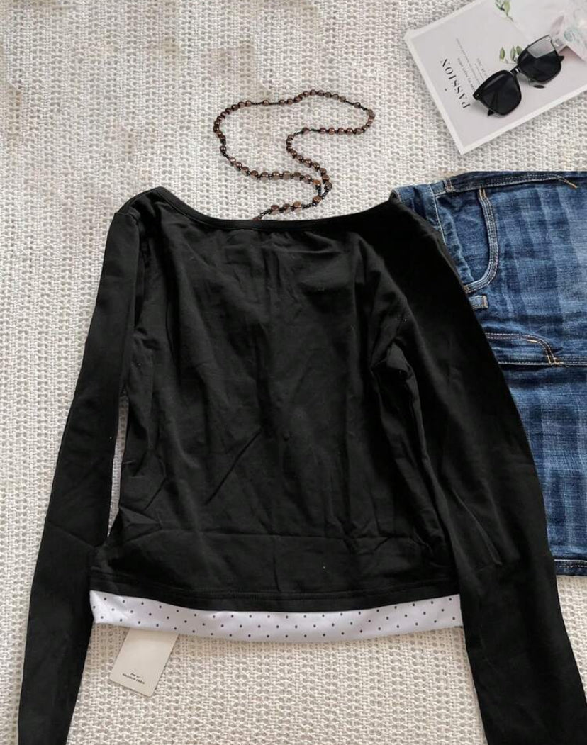 black long sleeve polka dot patcwork top