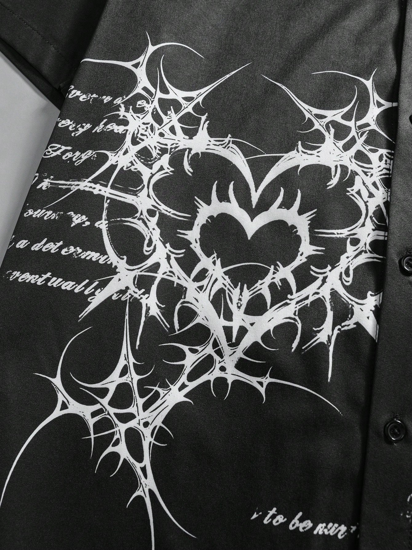 men tribal heart and slogan graphic black button up shirt