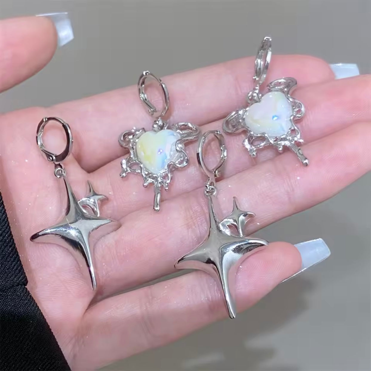 opal stone heart and sparkle earrings set