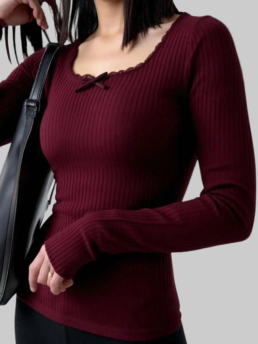 wine red lace bow top