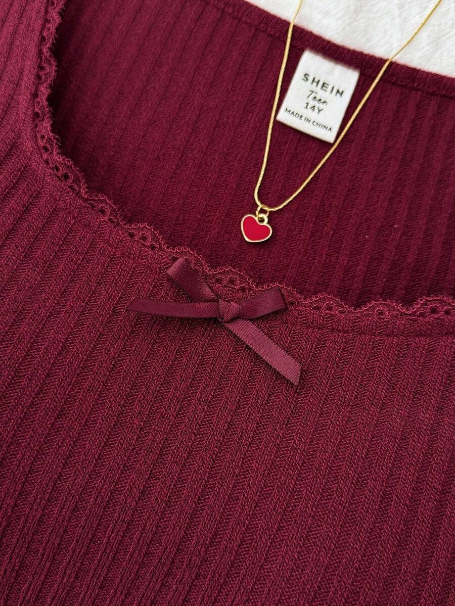 wine red lace bow top