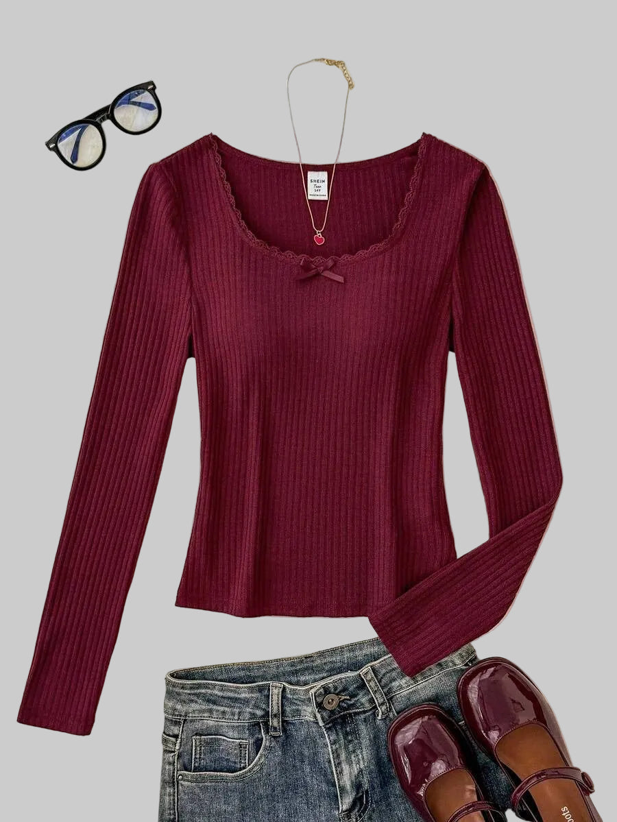 wine red lace bow top