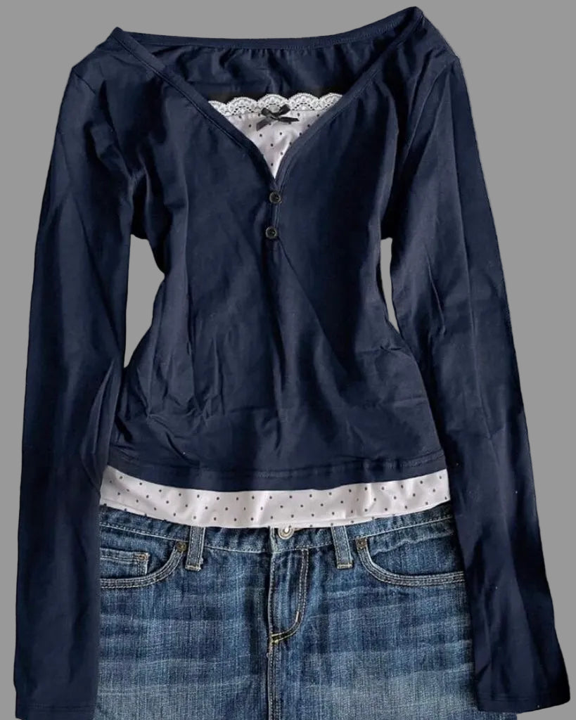 navy blue long sleeve polka dot patchwork top