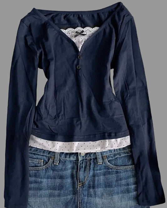 navy blue long sleeve polka dot patchwork top