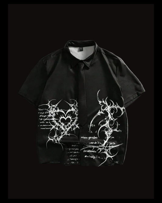 men tribal heart and slogan graphic black button up shirt