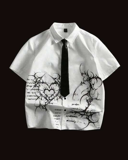 men tribal heart and slogan graphic button up shirt