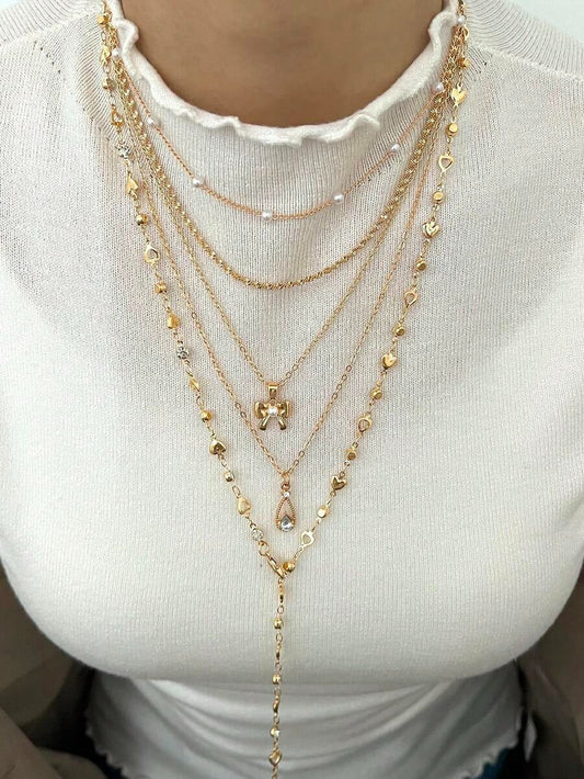 coquette heart layered necklaces set (5pcs)