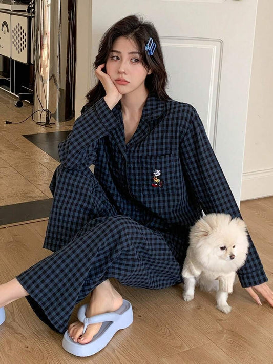 navy blue plaid pj set
