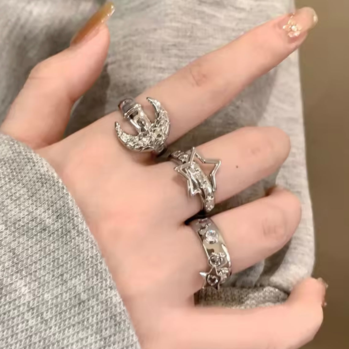 moon star silver rings set