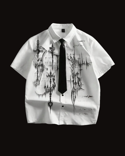 men dark academia graphic short sleeve collared shirt