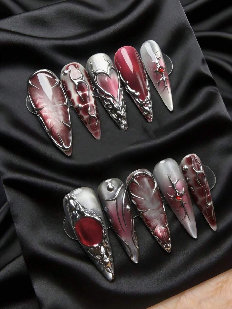 crimson red silver nails