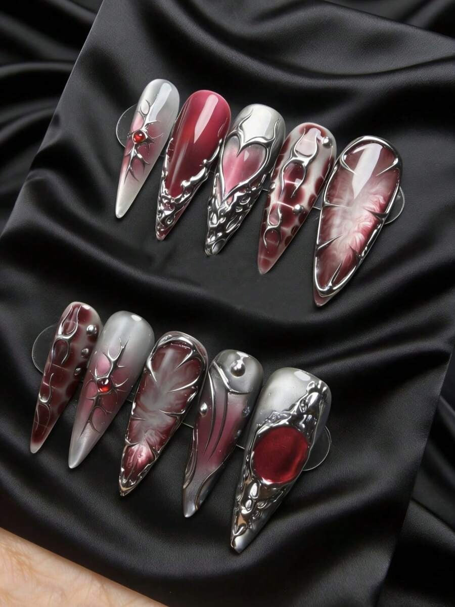 crimson red silver nails