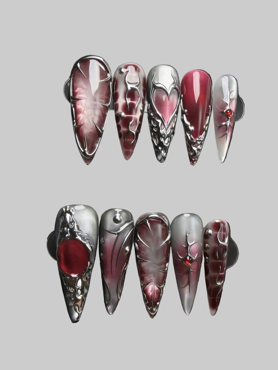 crimson red silver nails