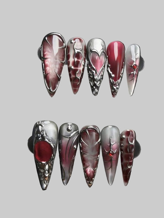 crimson red silver nails