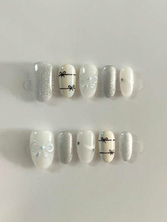 creamy bow short almond nails