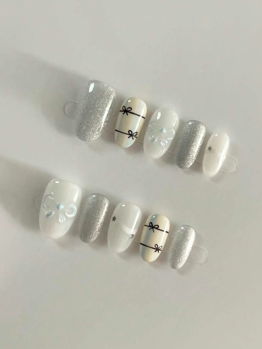 creamy bow short almond nails