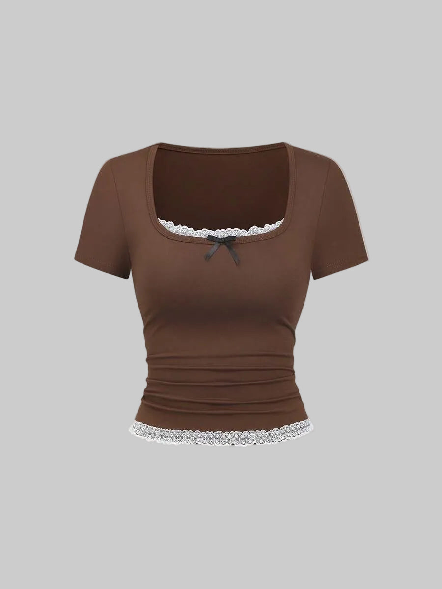 brown lace trim bow top