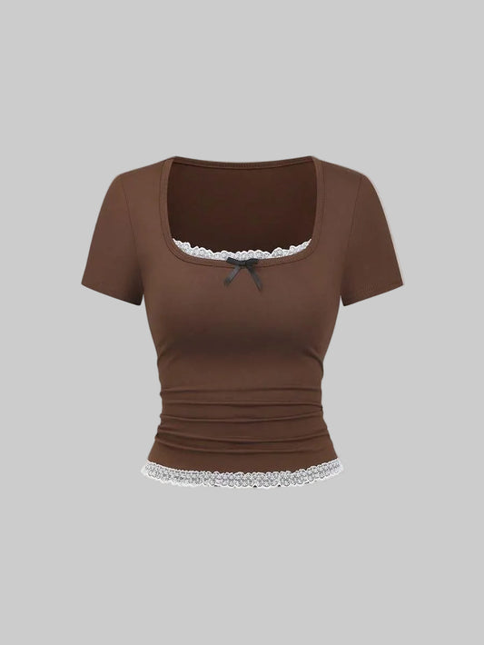 brown lace trim bow top