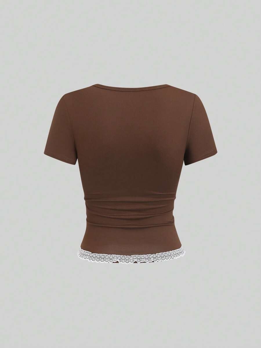 brown lace trim bow top