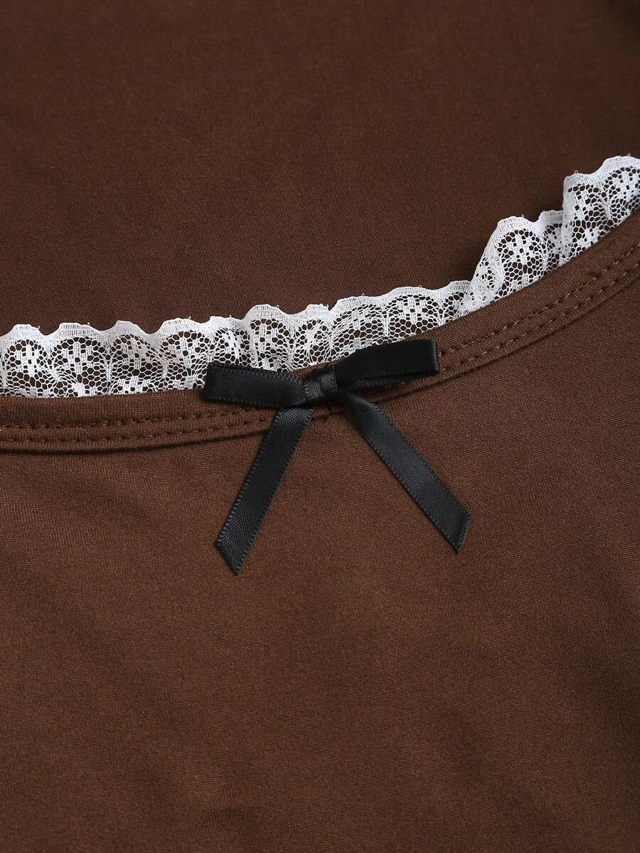 brown lace trim bow top