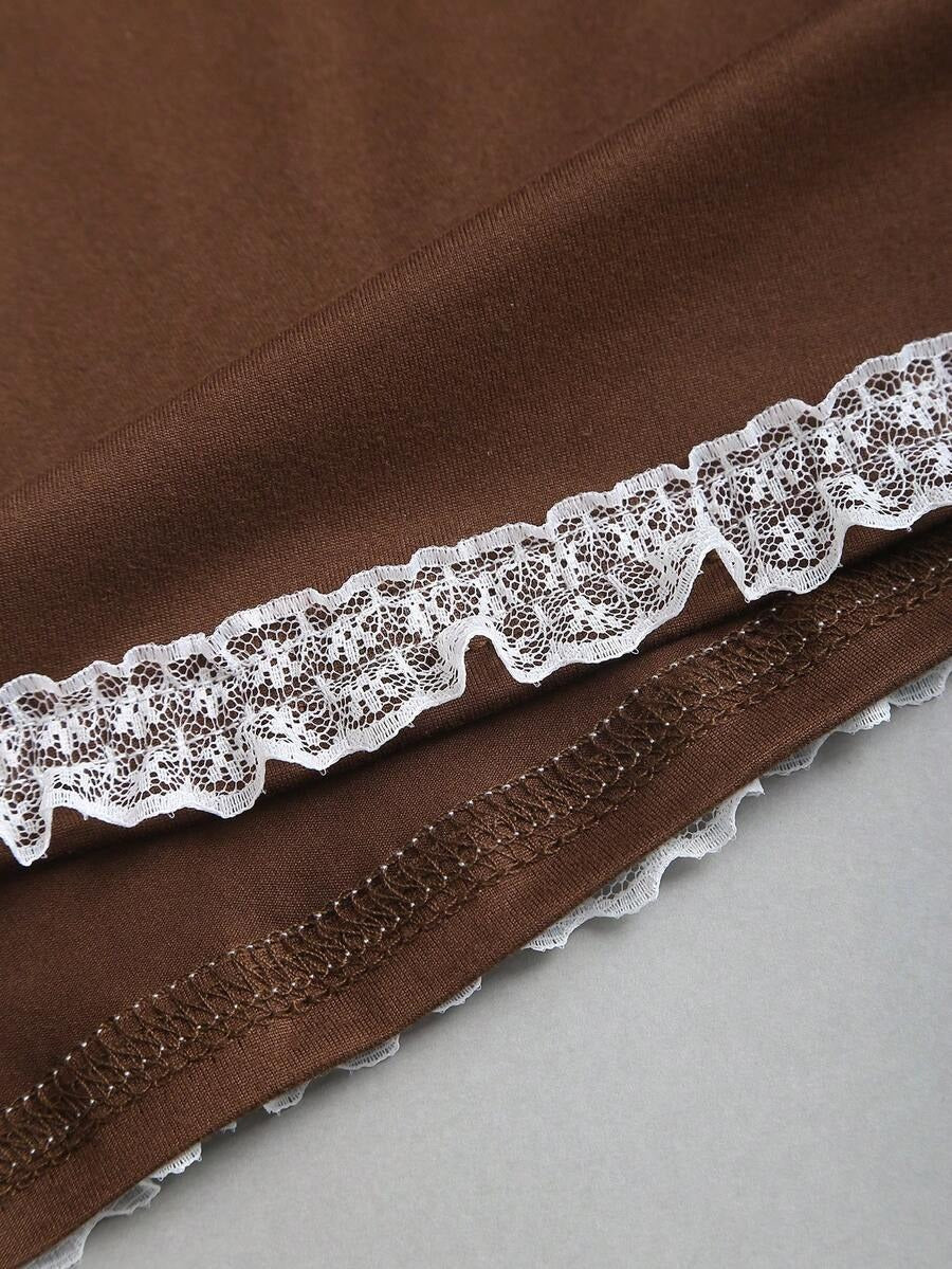 brown lace trim bow top